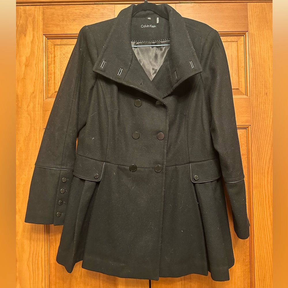 Women’s Black Calvin Klein Wool Military Jacket Pea Coat Ruffled Bottom